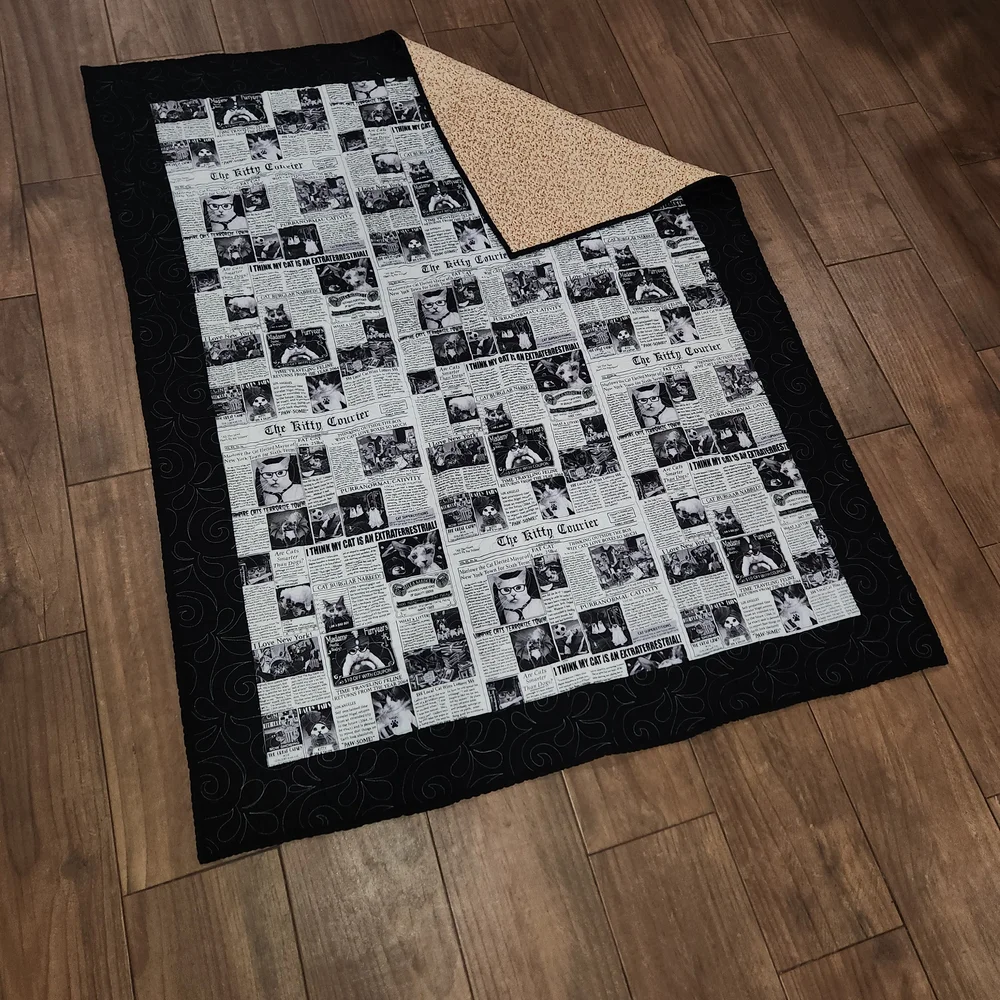 Handmade cat lady cat Black and White Newsprint Quilt 59